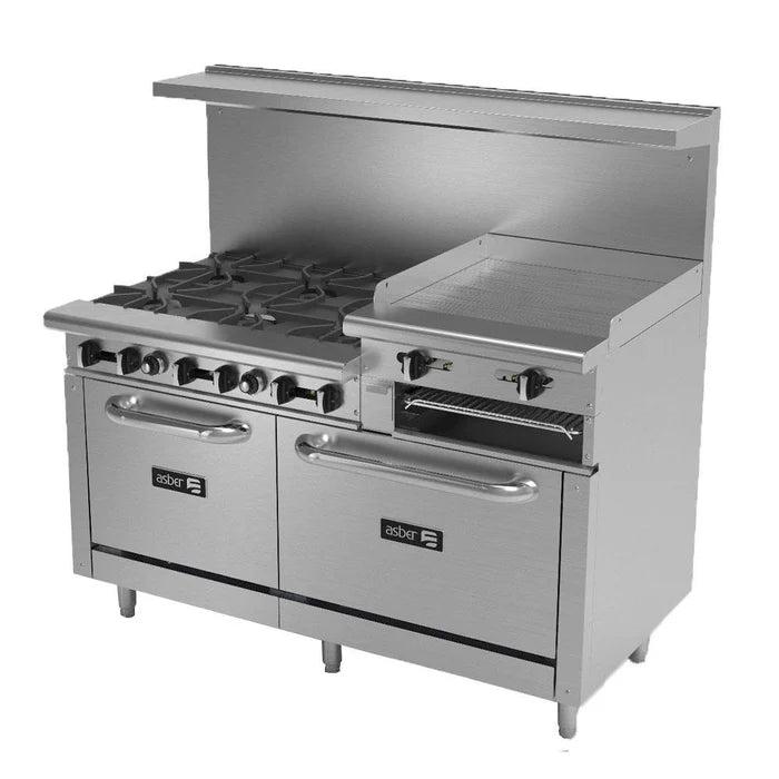 6 FUEGOS ABIERTOS + PLANCHA 24" ELEVADA + GRATINADOR + 2 HORNOS 24" Y 36". RESTAURANT LINE
