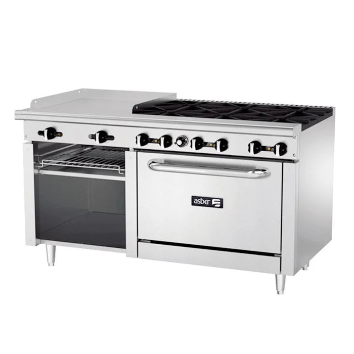 6 FUEGOS ABIERTOS + PLANCHA 24" + GRATINADOR + HORNO 36". RESTAURANT LINE