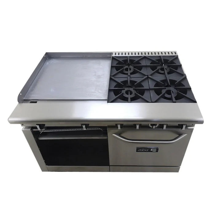 4 FUEGOS ABIERTOS + PLANCHA 24" + GRATINADOR + HORNO 24". COMMERCIAL LINE
