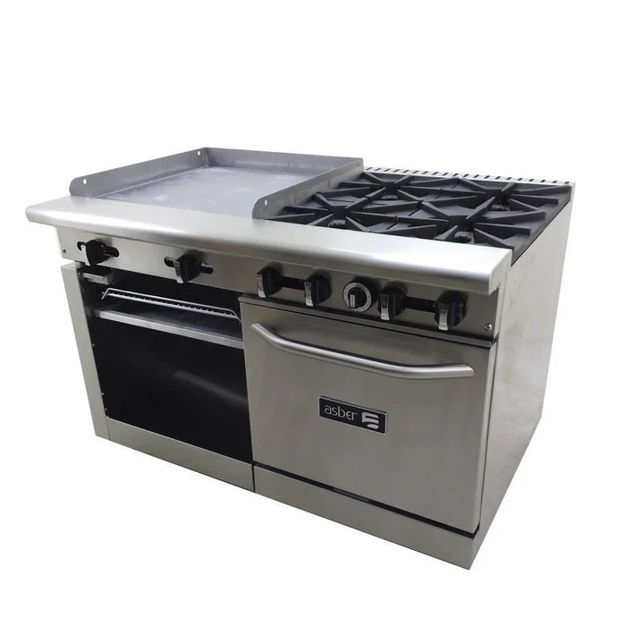 4 FUEGOS ABIERTOS + PLANCHA 24" + GRATINADOR + HORNO 24". COMMERCIAL LINE