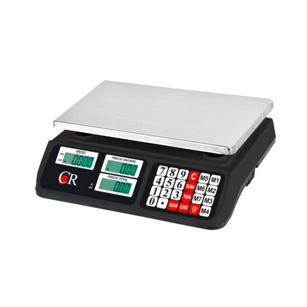 Bascula comercial Precio, Peso y Total, de 40 kg.a 2g. de precisión, con plato de acero inoxidable y carcasa de plástico ABS y con 7 memorias.