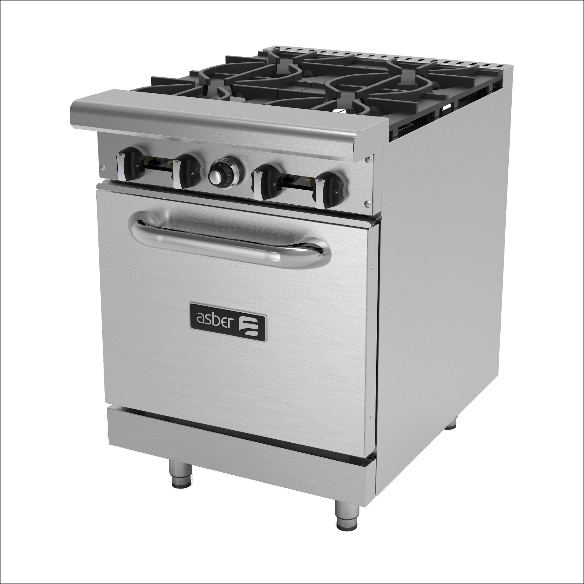 Estufa a Gas de 4 Fuegos Abiertos + Horno 24" Acero Inoxidable Asber AER-4-24