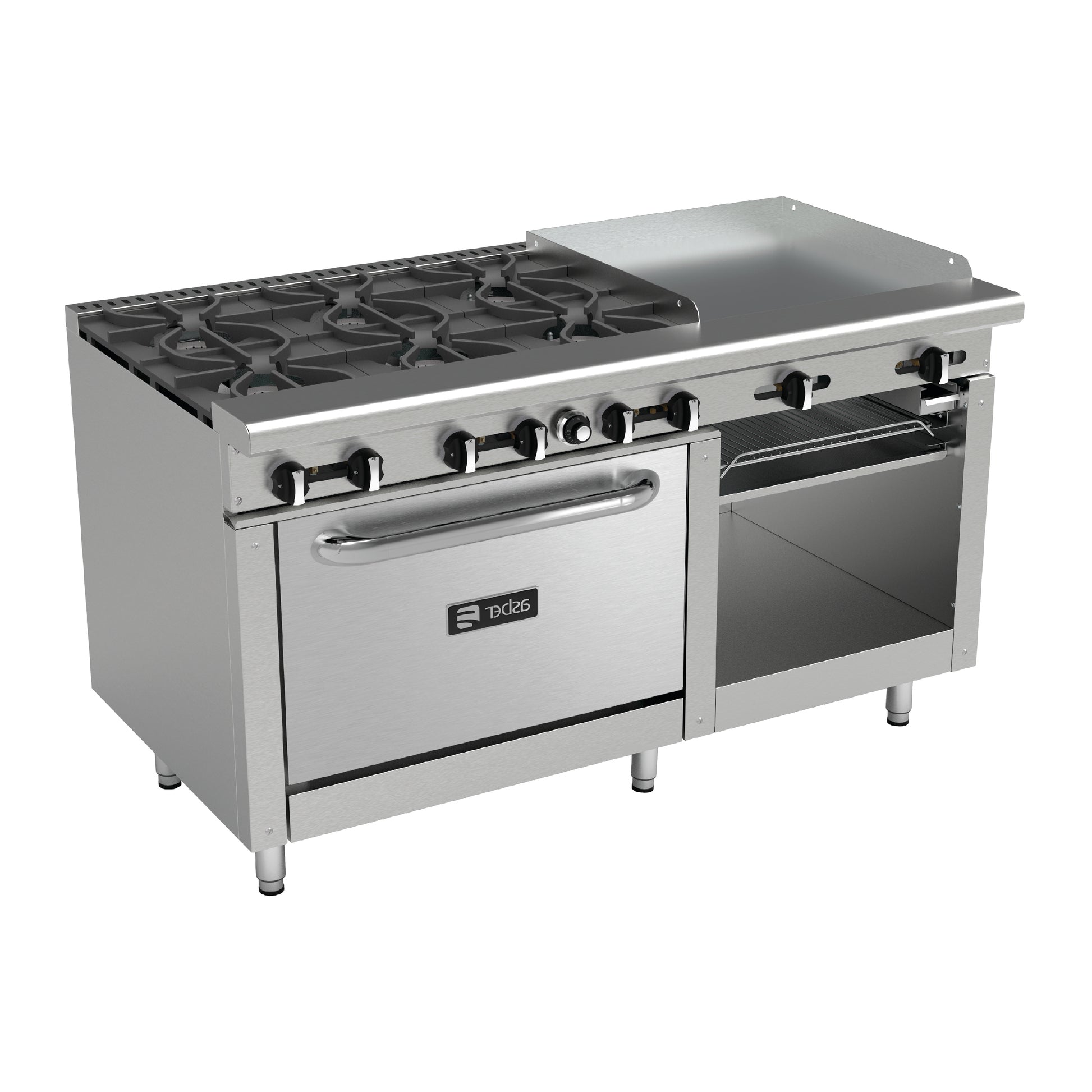 Estufa 6 Fuegos Abiertos + Plancha 24"+ 2 Hornos 24" y 36" Asber AEMR-2-G24-B6-60-H