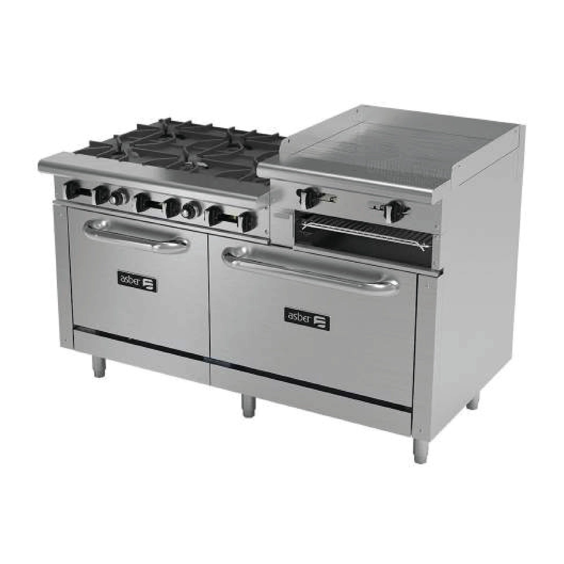 Estufa Fuegos Abiertos + Plancha 24" Elevada + Gratinador + 2 Hornos 24" y 36" Asber AEMR-2-RG24-B6-60-H 6