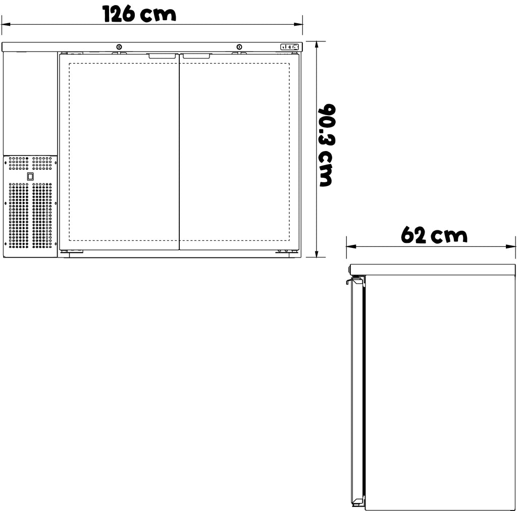 REFRIGERADOR DE CONTRA BARRA EN A.I. - 2 PUERTAS SOLIDAS - CERRADURAS EN PUERTAS - LUZ INT. SLIM LINE