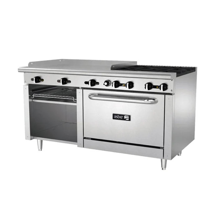 4 FUEGOS ABIERTOS + PLANCHA 36" + GRATINADOR + HORNO 36". RESTAURANT LINE