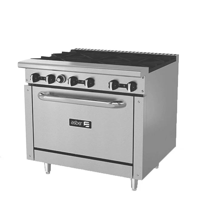 ESTUFA A GAS DE 6 FUEGOS ABIERTOS + HORNO 36". RESTAURANT LINE