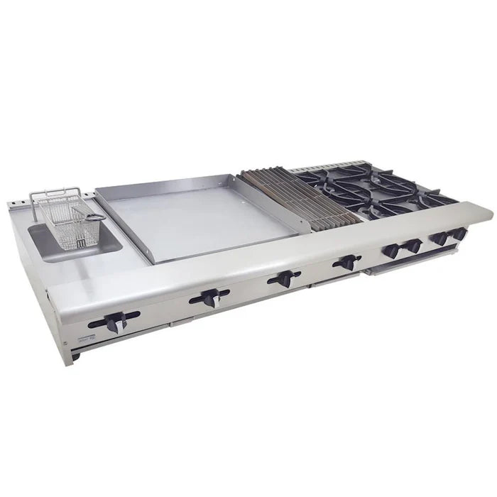 4 FUEGOS ABIERTOS + ASADOR 12" + PLANCHA 24" + GRATINADOR + FREIDORA. COMMERCIAL LINE