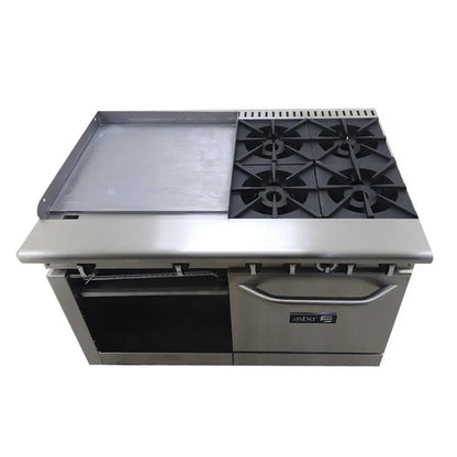 4 FUEGOS ABIERTOS + PLANCHA 24" + GRATINADOR + HORNO 24". COMMERCIAL LINE