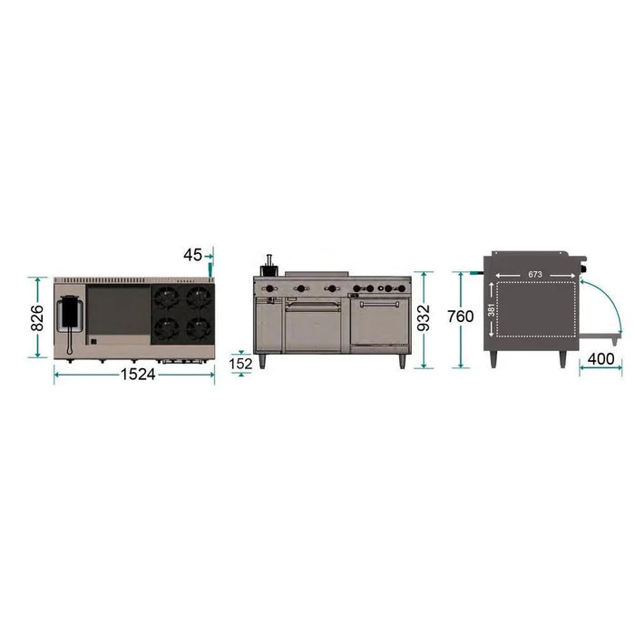 4 FUEGOS ABIERTOS + PLANCHA 24" + GRATINADOR + FREIDORA + HORNO. COMMERCIAL LINE