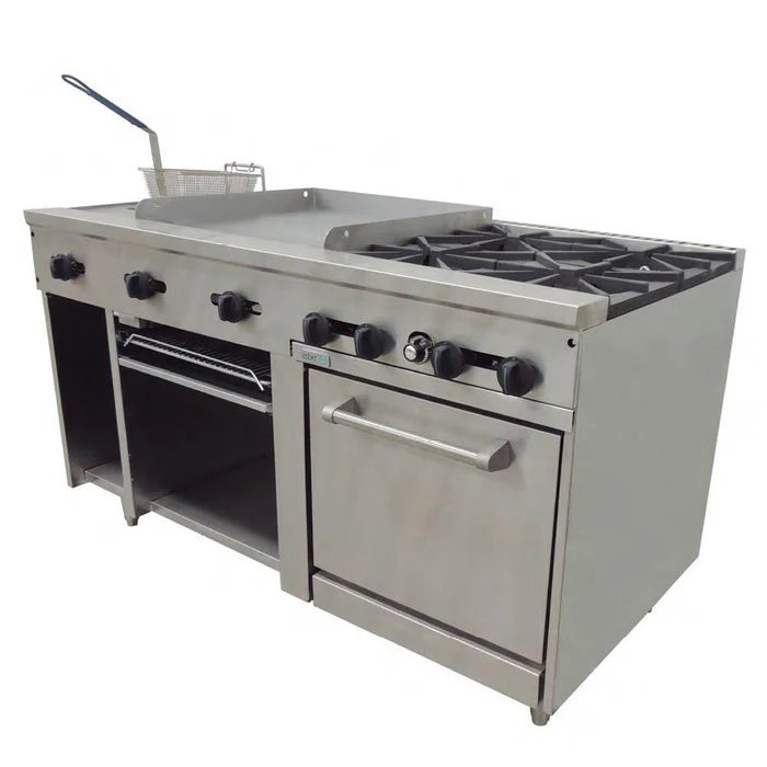 4 FUEGOS ABIERTOS + PLANCHA 24" + GRATINADOR + FREIDORA + HORNO. COMMERCIAL LINE