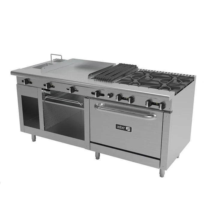 4 FUEGOS ABIERTOS + ASADOR 12" + PLANCHA 24" + HORNO+ GRATINADOR + FREIDORA. COMMERCIAL LINE