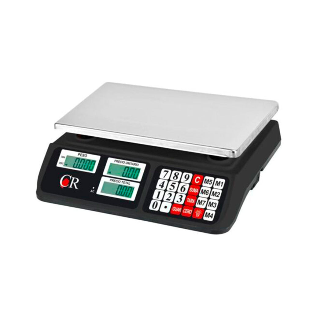 Bascula comercial Precio, Peso y Total, de  40 kg.a 2g. de precisión, con plato de acero inoxidable y carcasa de plástico ABS y con 7 memorias.