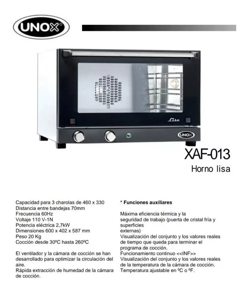 Horno Lisa Unox Convección Voltaje 110V Charolas LISAXAF013