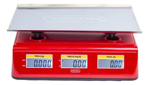 Bascula comercial Peso, Precio y Total, de  30 kg.a 2g. de precisión, carcasa en plástico ABS. Disponible en color: Azul y Rojo. Plato de Acero Inoxidable.