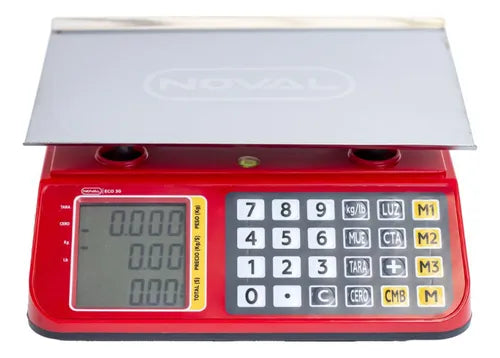 Bascula comercial Peso, Precio y Total, de  30 kg.a 2g. de precisión, carcasa en plástico ABS. Disponible en color: Azul y Rojo. Plato de Acero Inoxidable.