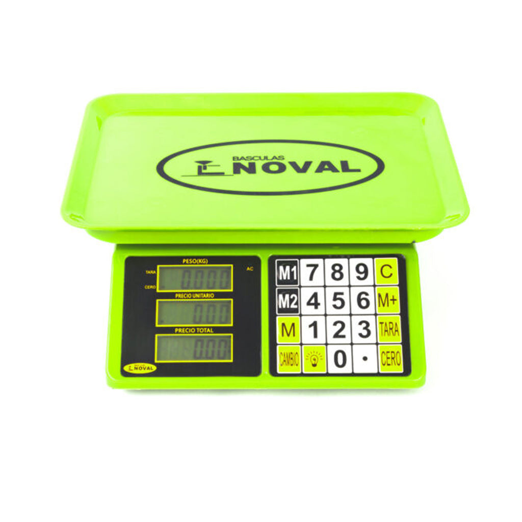 Bascula comercial Peso, Precio y Total, de  20 kg.a 2g. de precisión, plato y carcasa en plástico ABS. Disponible en color: Azul, Amarillo, Rojo y Verde.