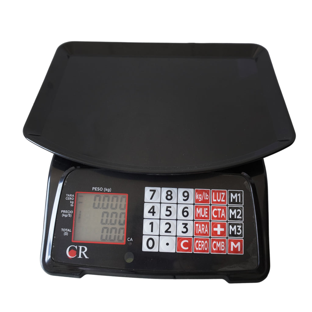 Bascula comercial Peso, Precio y Total de 20 kg.a 2g. de precisión, plato y carcasa en plástico ABS. Plato fijo disponible en color: Negro y Blanco.