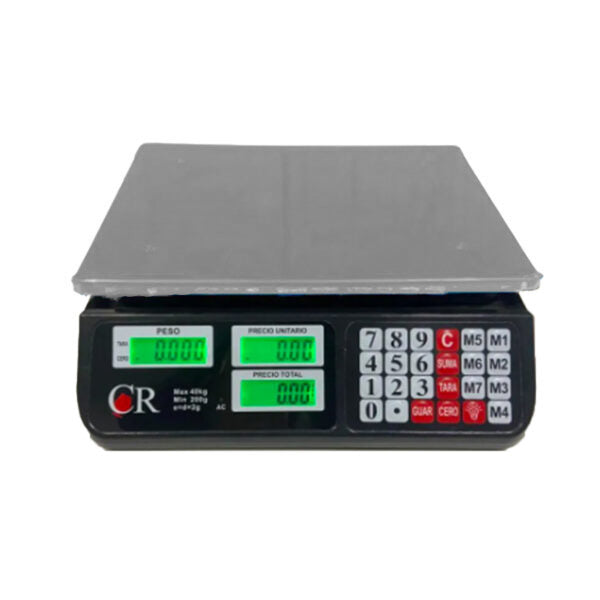 Bascula comercial Precio, Peso y Total, de  40 kg.a 2g. de precisión, con plato de acero inoxidable y carcasa de plástico ABS y con 7 memorias.