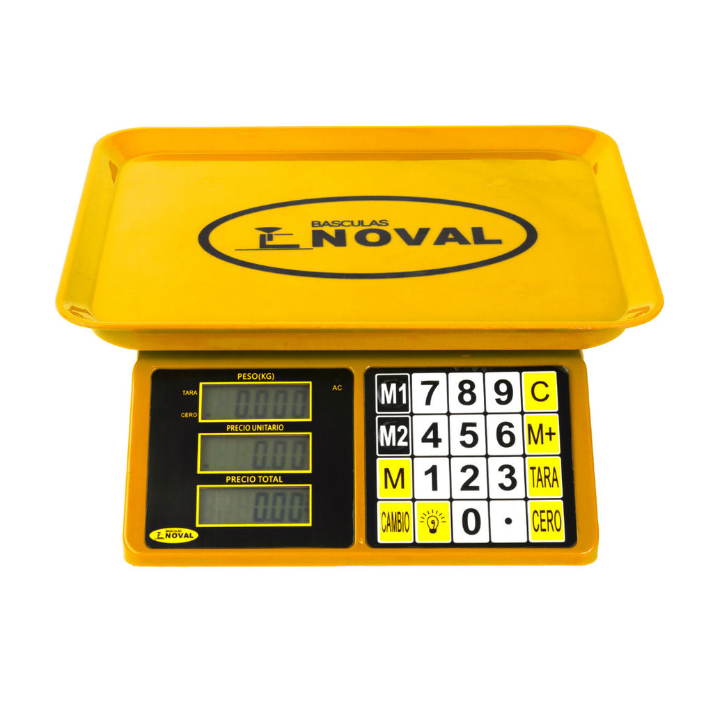 Bascula comercial Peso, Precio y Total, de  20 kg.a 2g. de precisión, plato y carcasa en plástico ABS. Disponible en color: Azul, Amarillo, Rojo y Verde.