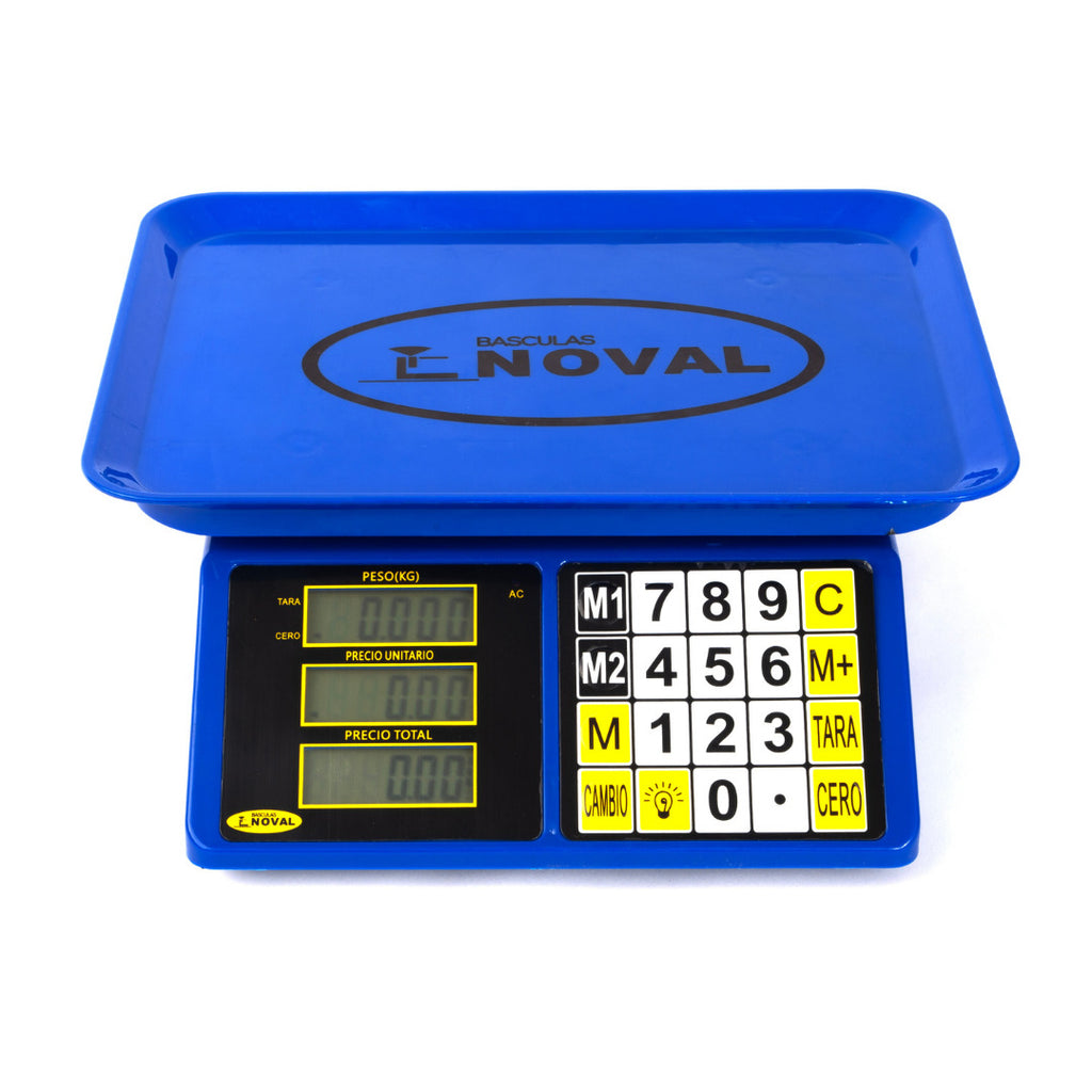 Bascula comercial Peso, Precio y Total, de  20 kg.a 2g. de precisión, plato y carcasa en plástico ABS. Disponible en color: Azul, Amarillo, Rojo y Verde.